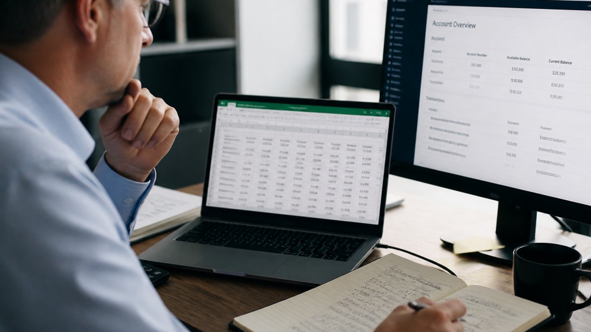Finance controller monitoring real time financial data across a bank portal and a Google Sheets spreadsheet.