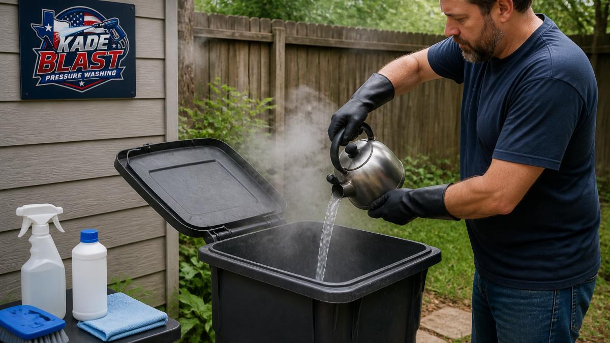 Person wearing rubber gloves pouring boiling water to kill maggots in trash in a backyard bin