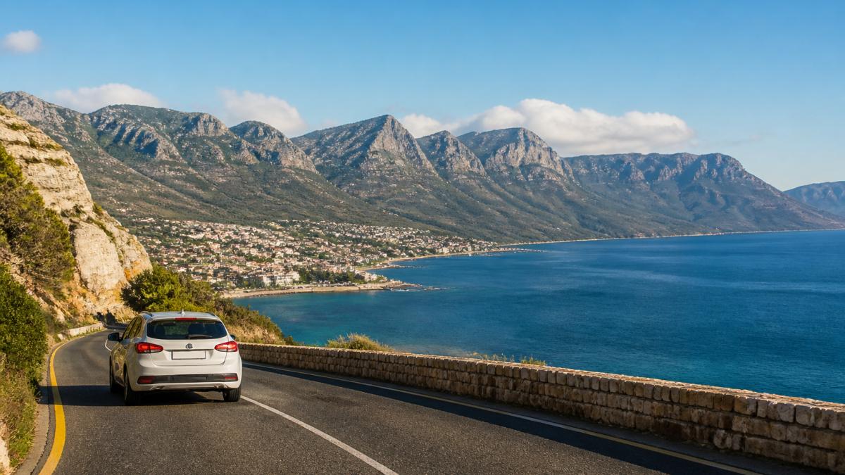 Rental car driving on a scenic coastal road with views of False Bay toward Boulders Beach