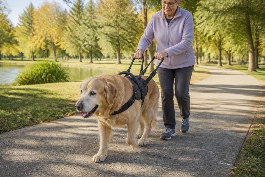 A senior golden retriever wearing a supportive walking harness being gently guided by an older adult on a smooth park path, showing the harness handles and proper fit, soft morning light