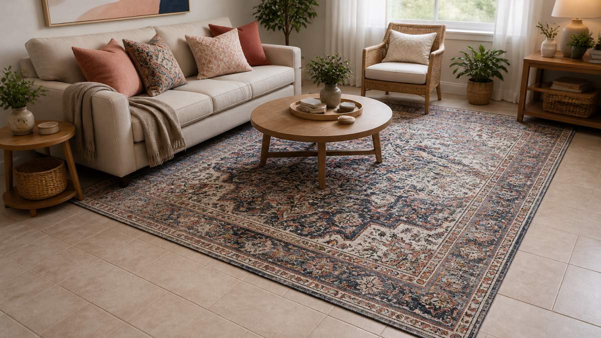 Cozy living room featuring a large area rug layered over tile flooring to define the seating space