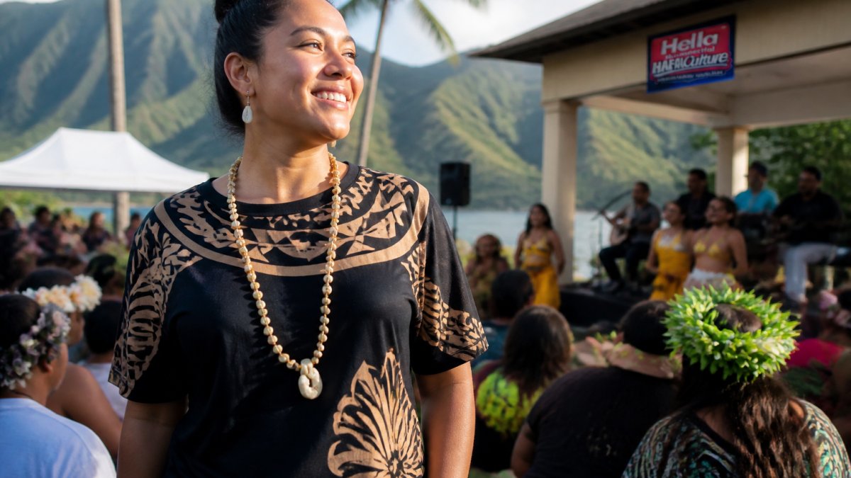 Person wearing a patterned cultural shirt at a community gathering set against a lush tropical backdrop.