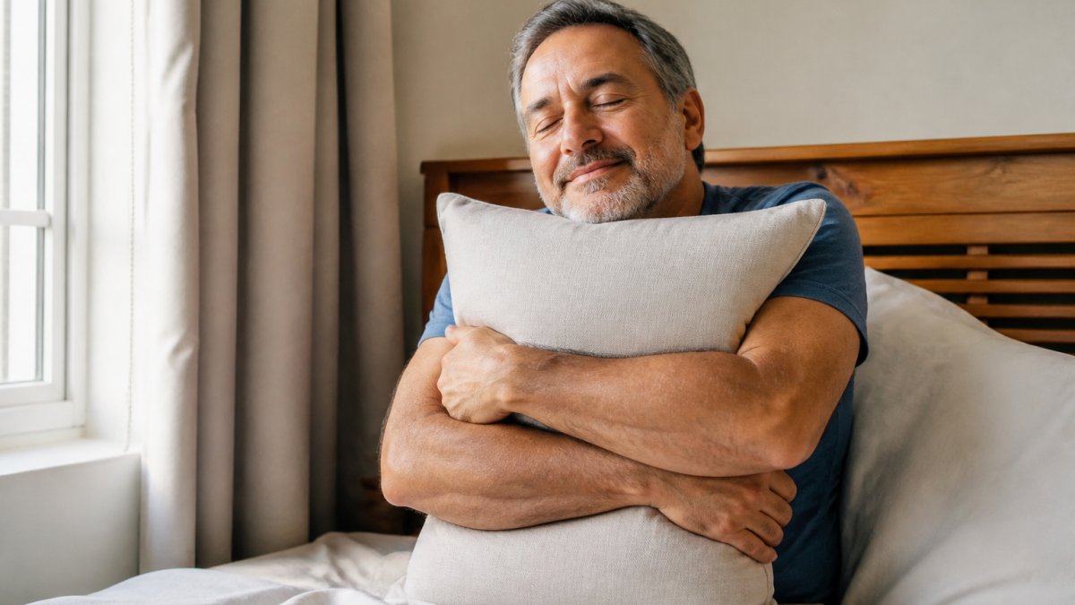 A middle-aged adult sitting upright in a bed at home, hugging a firm rectangular pillow tightly against their chest with both arms crossed over it, eyes closed in relief, soft natural light from a nearby window, calm and peaceful expression