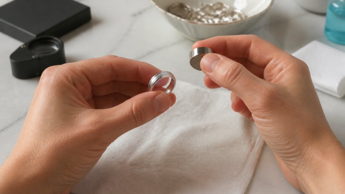 Hands holding a small magnet near a silver ring to test for authenticity