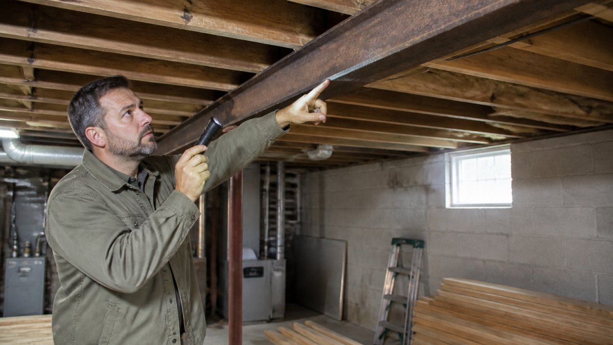 Homeowner using a flashlight to inspect joists and support beams while identifying potential load-bearing walls.
