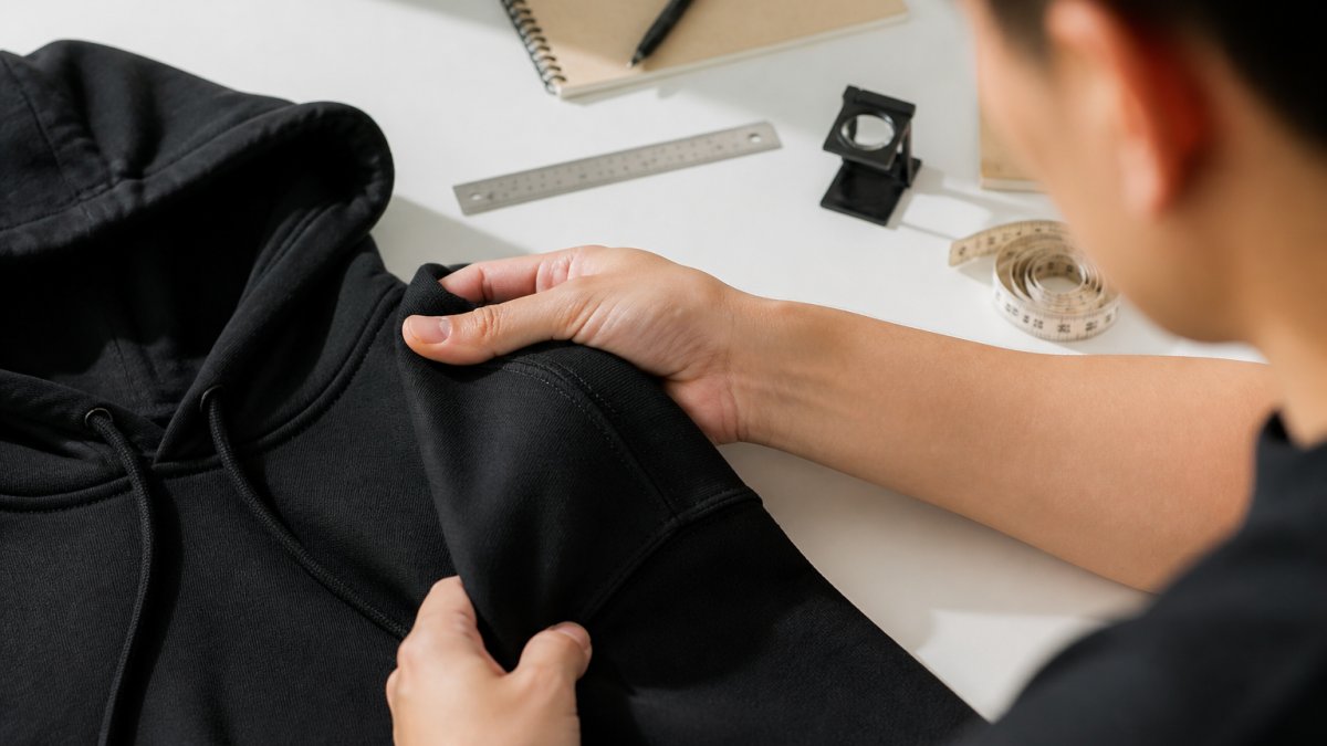 Hands inspecting the reinforced stitching and seam density on a heavy cotton hoodie collar under bright light