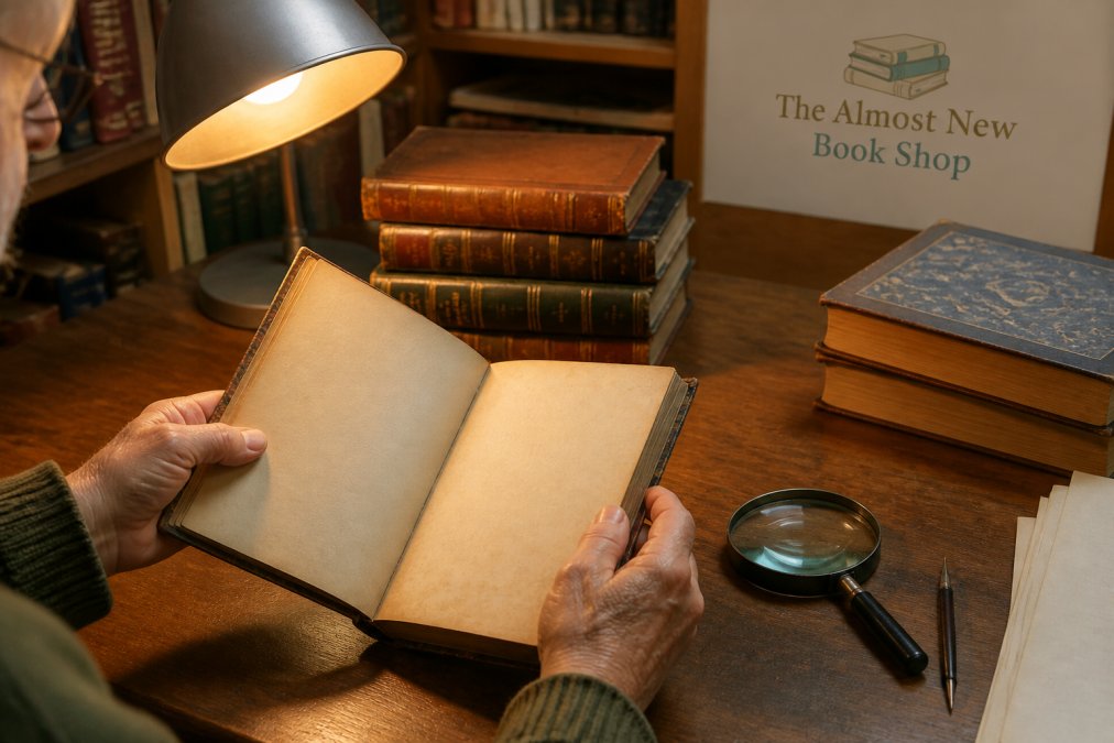 Hands examining the title page of valuable old books with a magnifying glass under a warm desk lamp