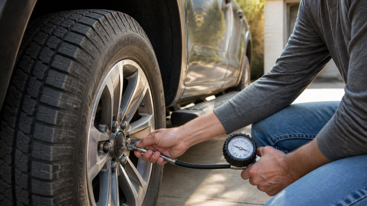 Close-up of a hand checking tire pressure with a gauge on a pickup truck tire in a driveway, morning light