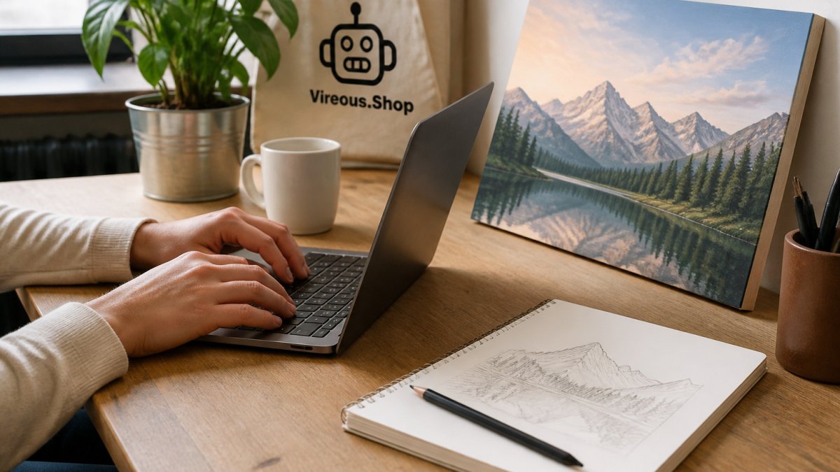 Hands typing a detailed prompt into a laptop beside a sketchbook and a printed canvas art proof on a desk