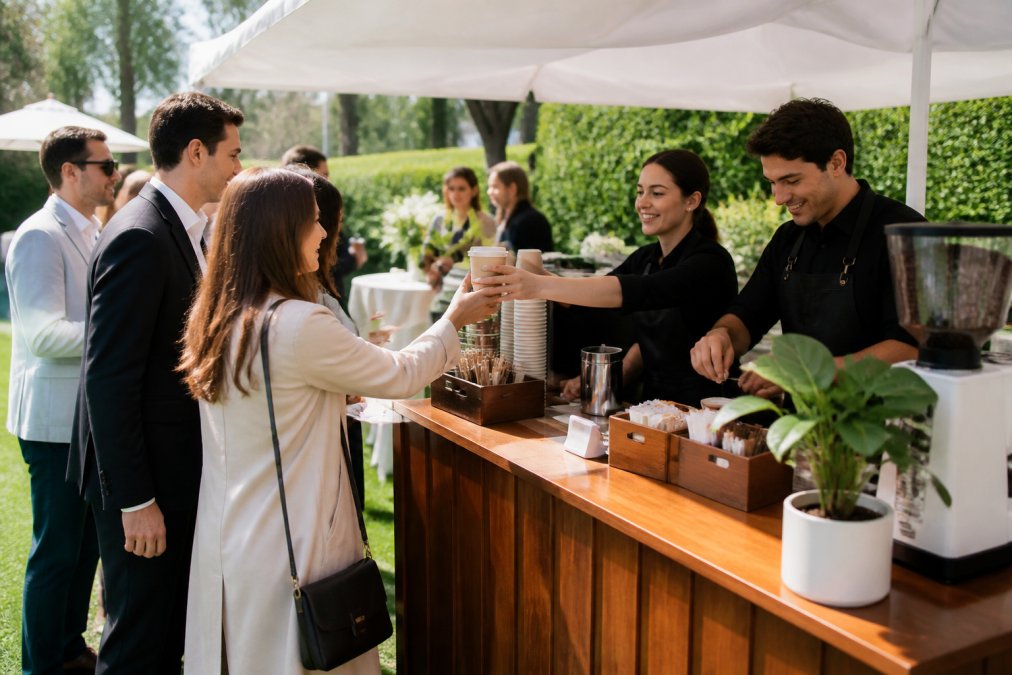 Outdoor event scene with guests queuing at a coffee service station under a white tent, two staff members in branded black aprons efficiently serving drinks while smiling, natural daylight, manicured garden setting