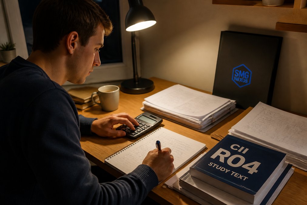 Student using a calculator and laptop for CII R04 practice questions at a desk under warm evening light.