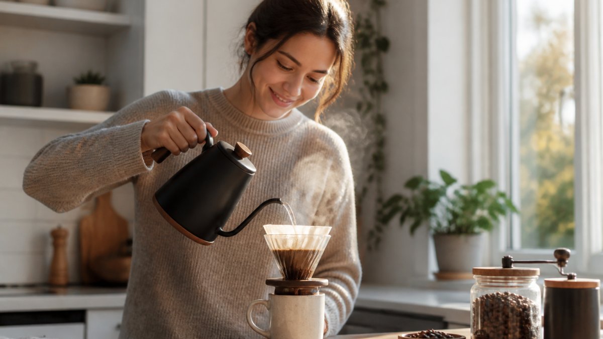 A person pouring hot water over a pour-over coffee dripper into a ceramic mug, steam rising, in a bright kitchen with morning light through a window