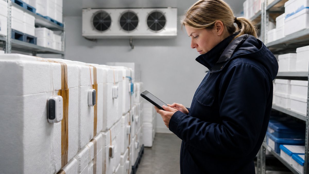 A logistics manager in a warehouse checking a tablet that shows real-time temperature data from IoT sensors on cold chain shipments