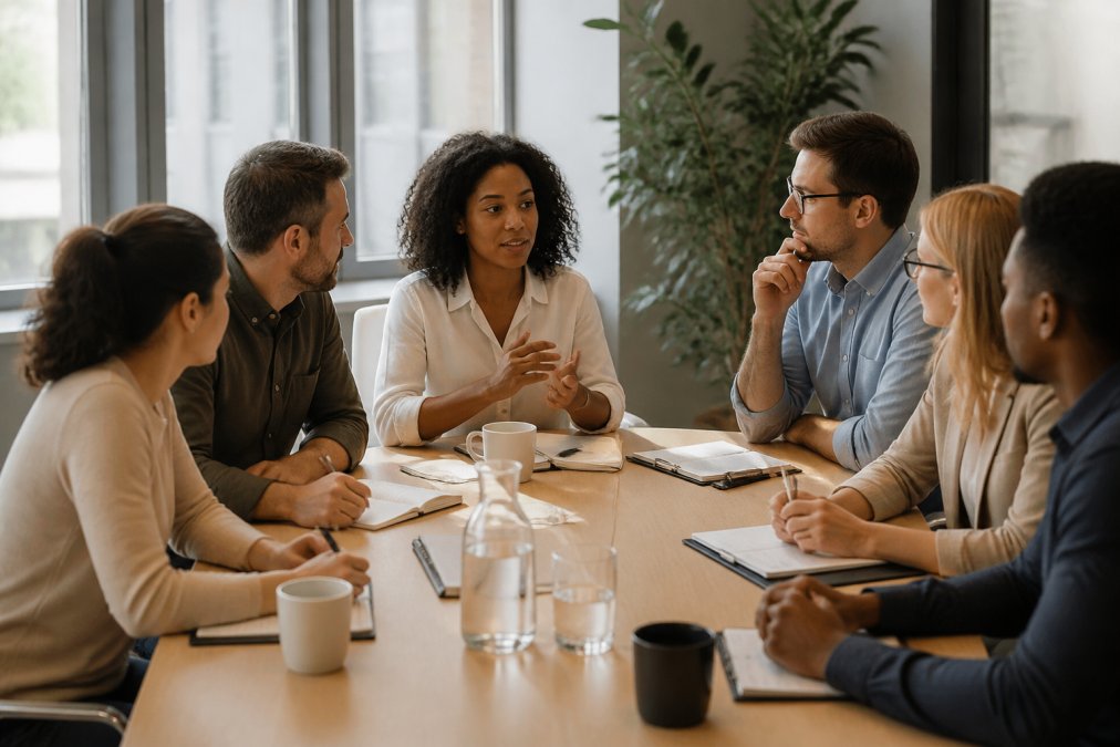 Diverse team in a well-lit conference room during a focused meeting, with some members taking notes, one person speaking thoughtfully, and others listening with engaged expressions and open body language