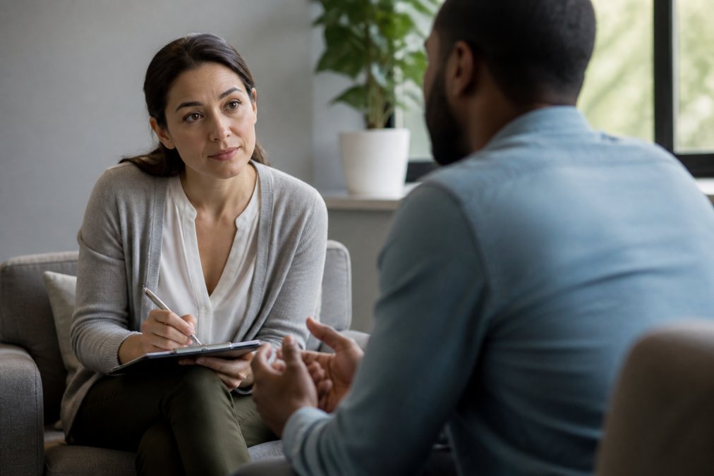 Two people sitting across from each other in a calm, professional counseling space with soft lighting, one person leaning forward with engaged body language while listening
