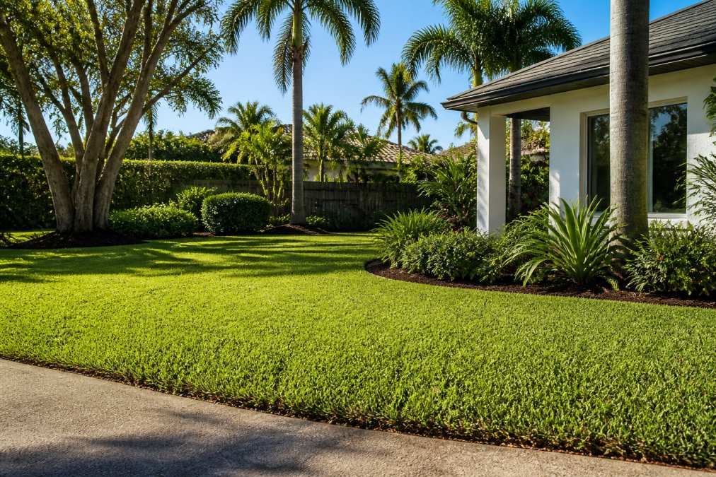 Lush, newly installed St. Augustine sod lawn in a North Miami residential yard with vibrant green color, fresh soil preparation, and professional landscaping edging, photographed in morning sunlight