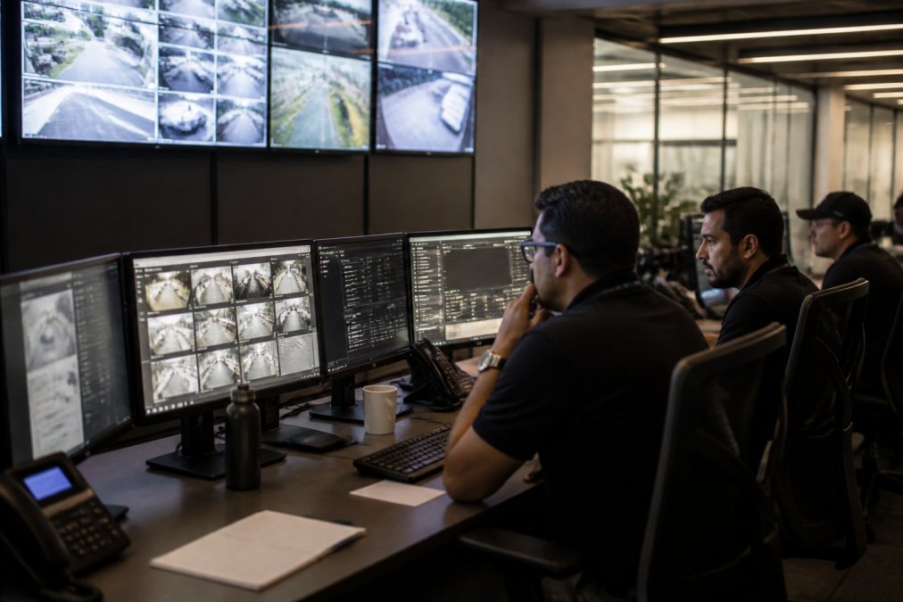 IT security team monitoring network activity on multiple displays in a modern operations center, with focused professionals reviewing alerts and threat data in real-time