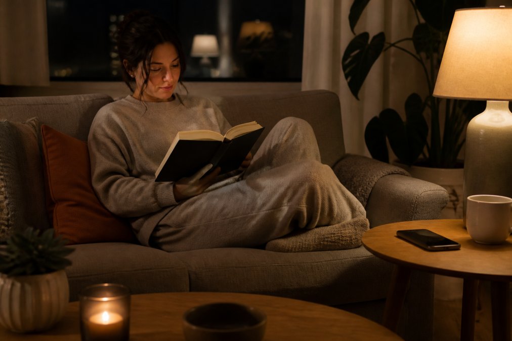 A person in comfortable loungewear reading a book in a dimly lit living room at night, phone face-down on a side table, warm lamp light, calm and uncluttered setting