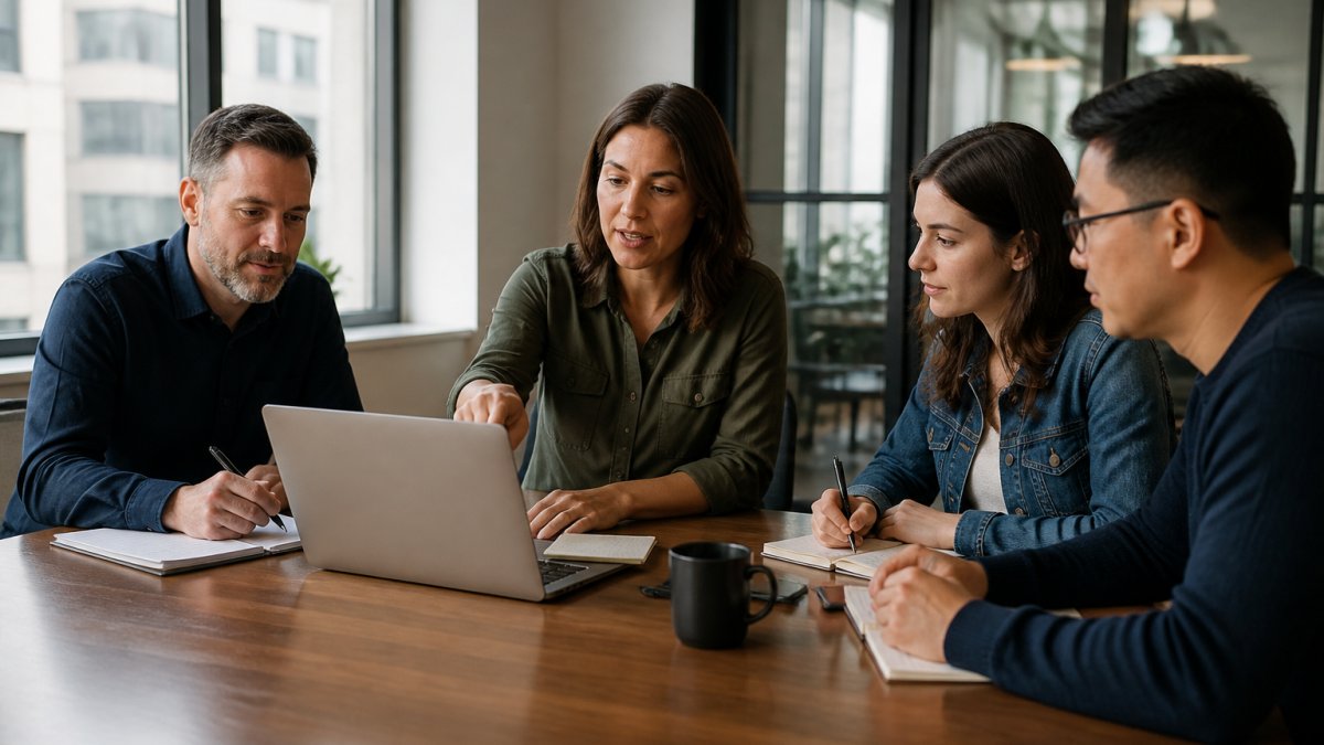 Manager leading a team meeting on digital adoption, pointing at a laptop screen in a bright office.