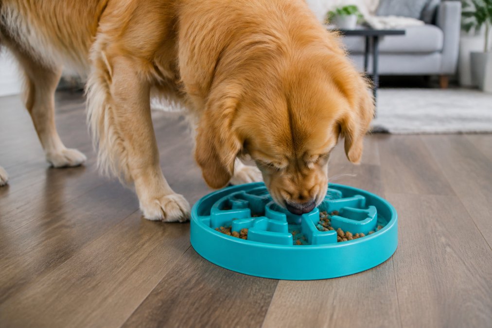 Golden Retriever eating from a puzzle feeder bowl with kibble visible in compartments, showing focused engagement with the toy during mealtime