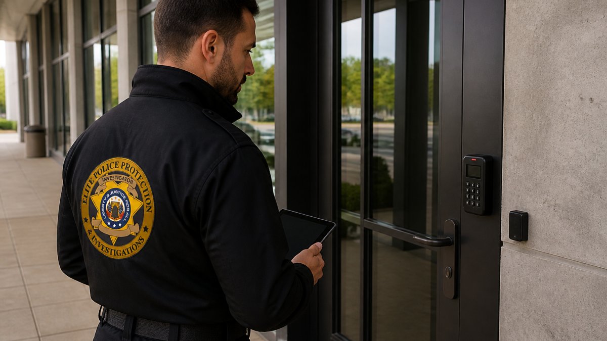 Security professional conducting on-site risk assessment at executive's office building, reviewing entry points and security systems with tablet in hand