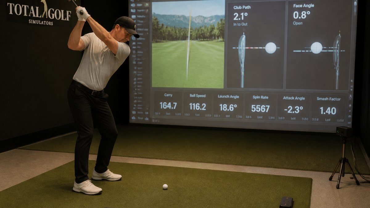 Golfer mid-swing at an indoor simulator with launch monitor display visible in background showing real-time club path and face angle metrics on screen