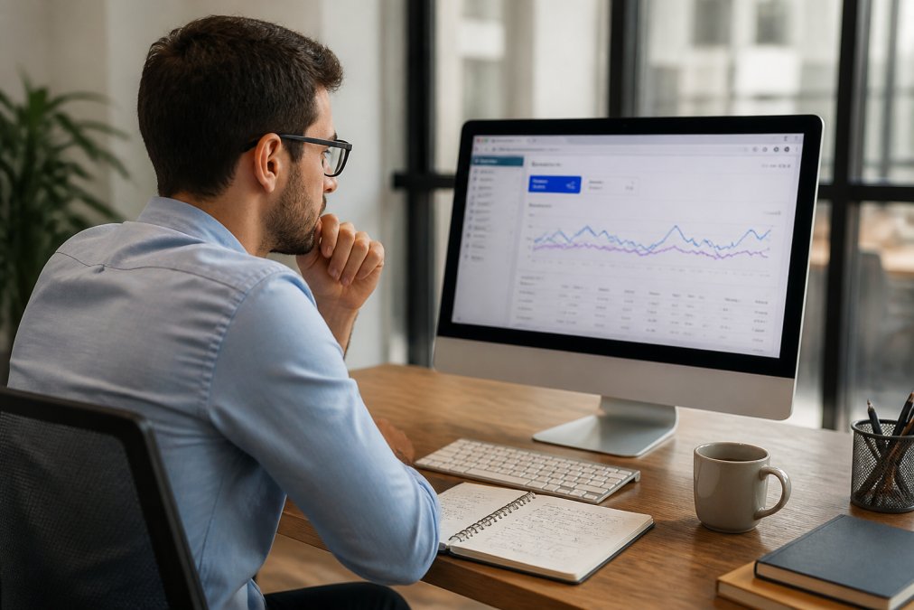 Marketer examining Google Search Console performance data on a desktop monitor, with a notebook of handwritten notes and a coffee cup nearby, sitting at a professional workspace with soft office lighting