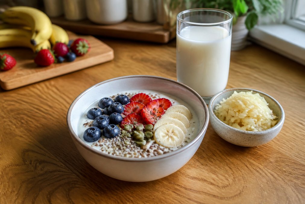 A bowl of Greek yogurt topped with fresh berries, banana slices and mixed seeds on a wooden kitchen counter, with a glass of kefir and a small dish of sauerkraut nearby in soft morning light