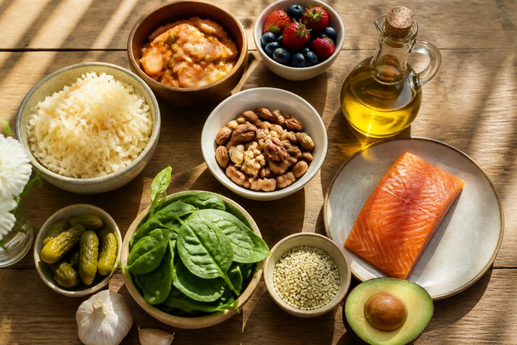 Overhead flat lay of colorful gut-healthy foods including fermented vegetables, leafy greens, fresh berries, nuts, olive oil, and fatty fish on a wooden surface with natural morning sunlight streaming across