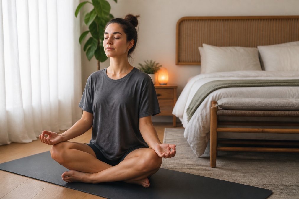 Person in a peaceful meditation pose seated on a yoga mat in a calm bedroom with soft natural light filtering through sheer curtains, demonstrating stress reduction and relaxation for nervous system regulation