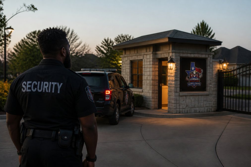 A uniformed security officer patrolling a residential community entrance at dusk, with a marked vehicle and gatehouse in the background