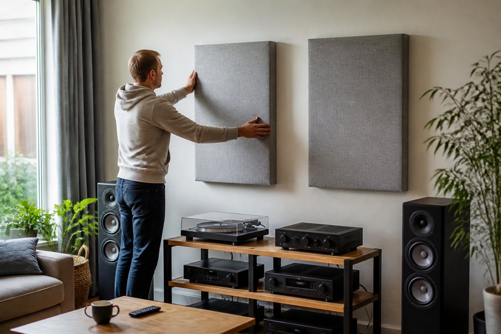 A pair of fabric-wrapped acoustic panels mounted on a living room wall behind a stereo setup, with a person adjusting one panel by hand in soft natural daylight