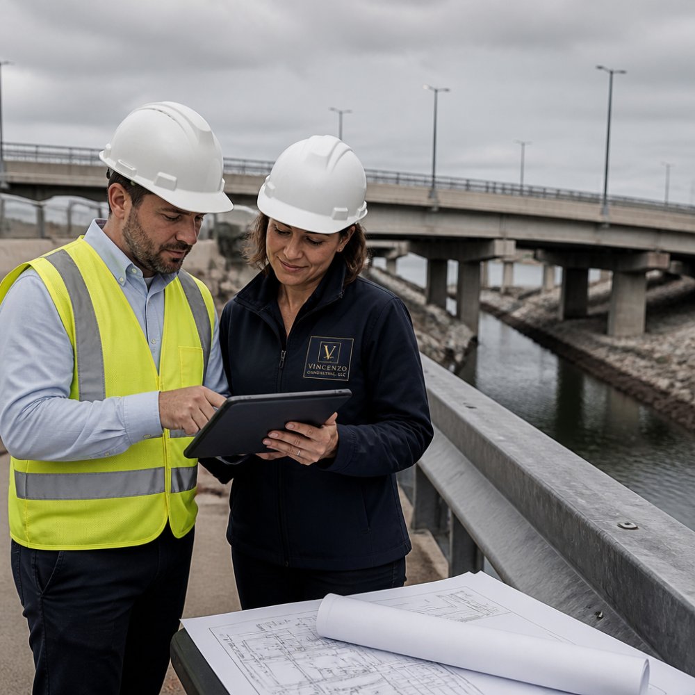 Project manager and owner reviewing as-built drawings for infrastructure project oversight at a completed site.
