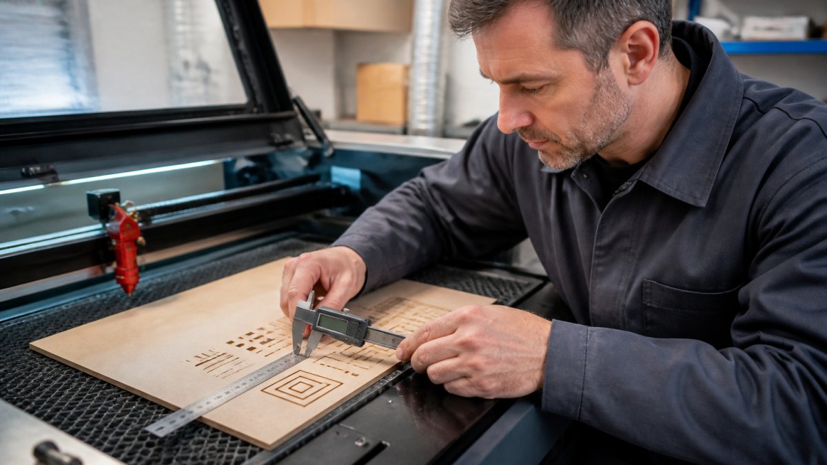 Professional technician using precision ruler and digital callipers to measure an engraved test pattern on material, with the laser engraver visible in the background, natural workshop lighting