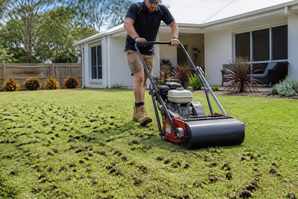 Person operating a core aerator on a residential lawn with visible soil plugs and plugged grass surface in natural daylight