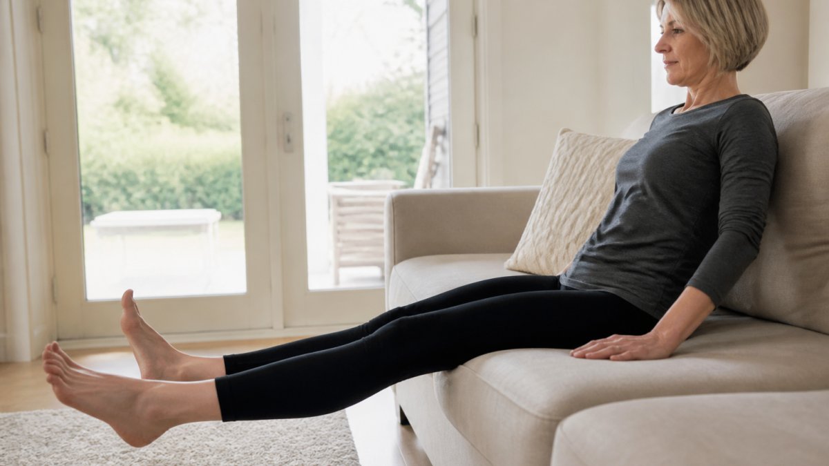 Person performing gentle ankle pumps on a couch to support lymphatic drainage naturally through movement.