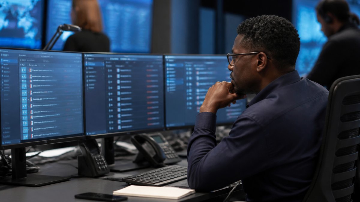 Security analyst filtering high-confidence threats to improve managed detection and response in a 24/7 operations center.