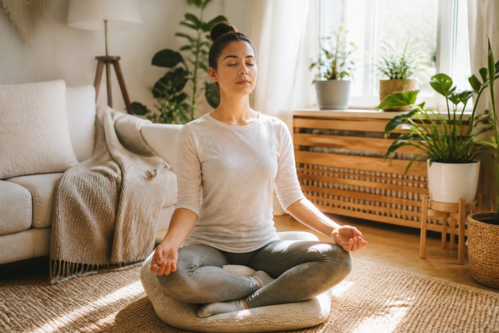 A person sitting cross-legged on a floor cushion in a sunlit living room, eyes closed, hands resting on knees, practicing deep breathing with houseplants and a soft blanket nearby, warm natural light through a window