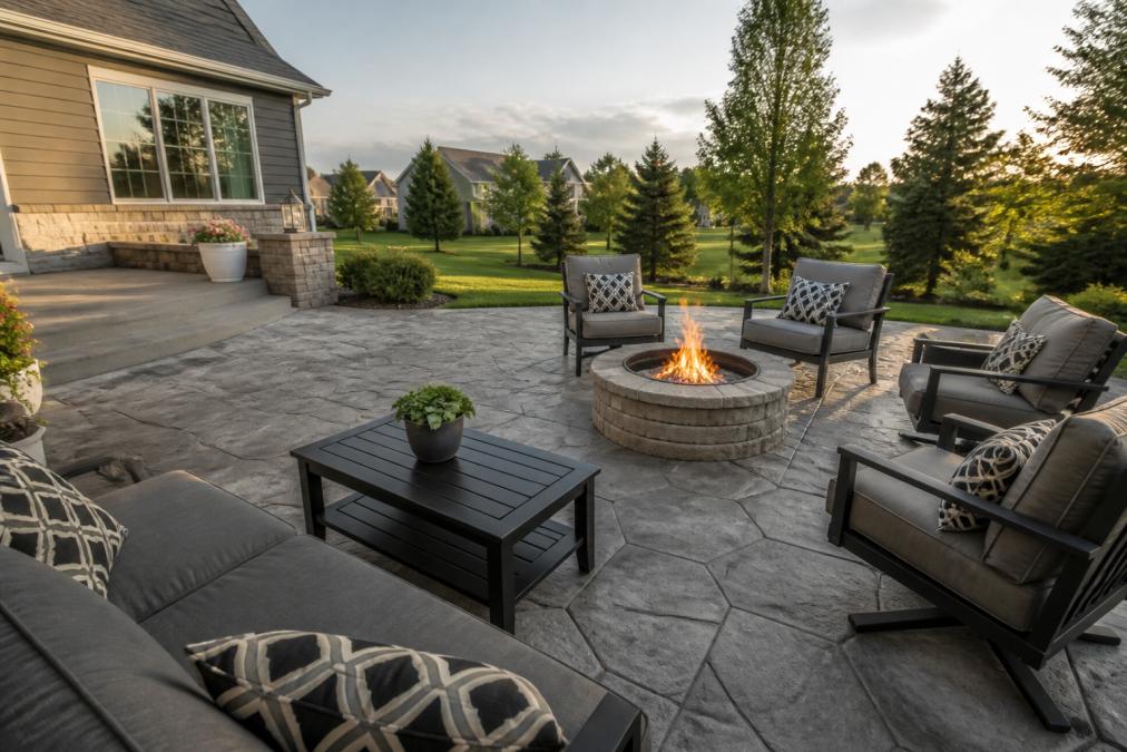 A finished backyard patio at a suburban Michigan home with a stamped concrete surface, comfortable outdoor furniture, and a fire pit, photographed in late afternoon light