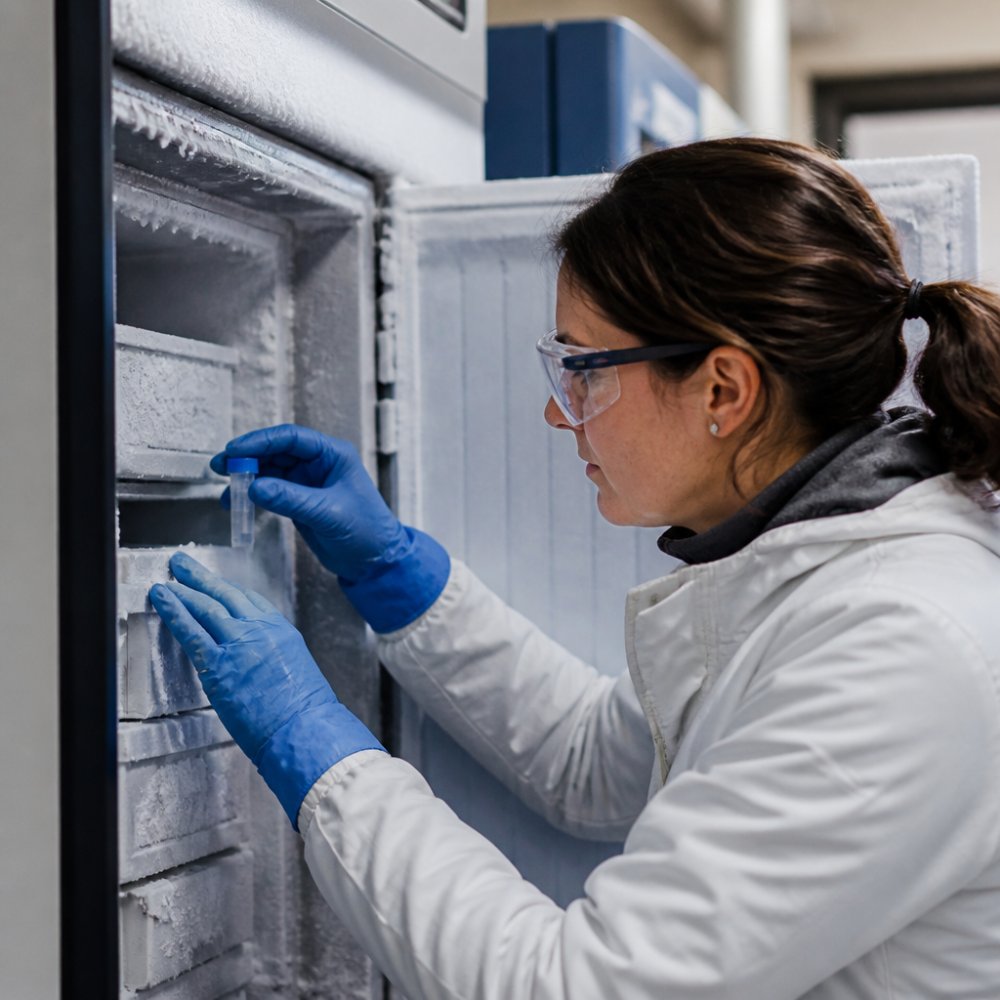 Laboratory technician carefully handling a peptide sample in a -80°C freezer with frost visible on equipment and precise temperature monitoring display in the background
