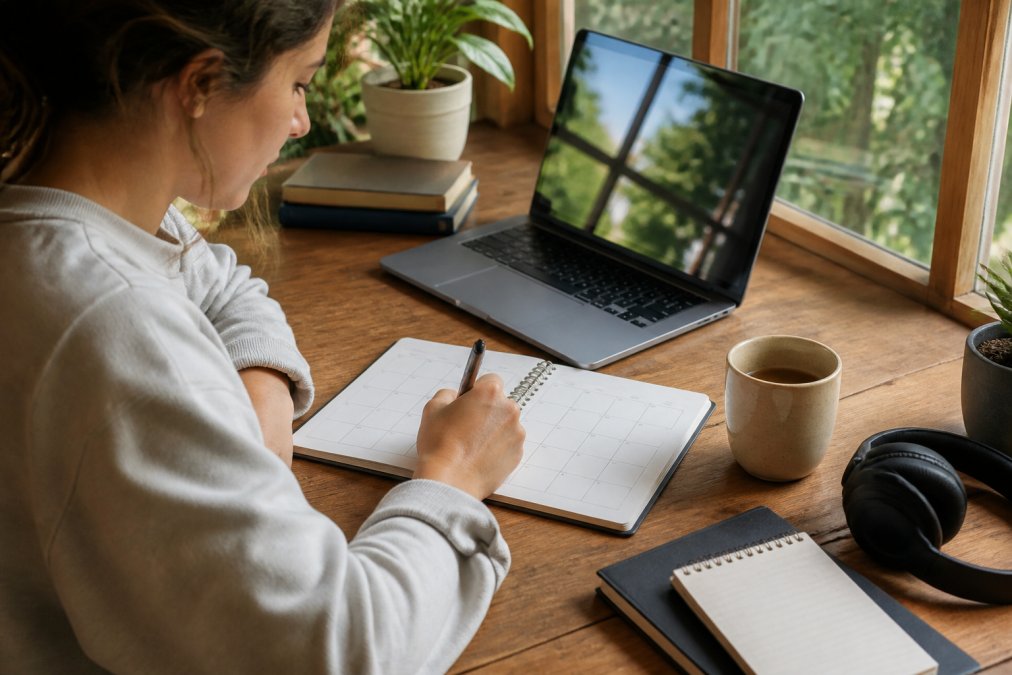 Person sitting at a desk writing a weekly schedule for personal time management while viewing a digital calendar.