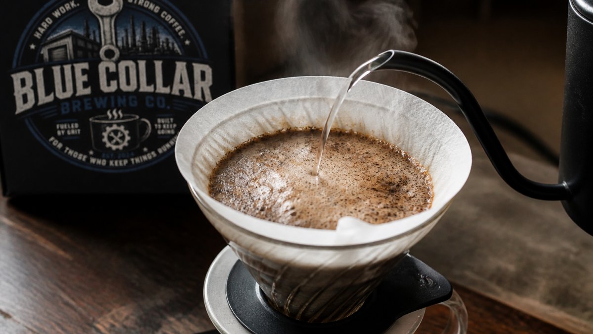 Diagram illustrating the coffee bloom process with bubbling grounds and steam rising from a pour over dripper.