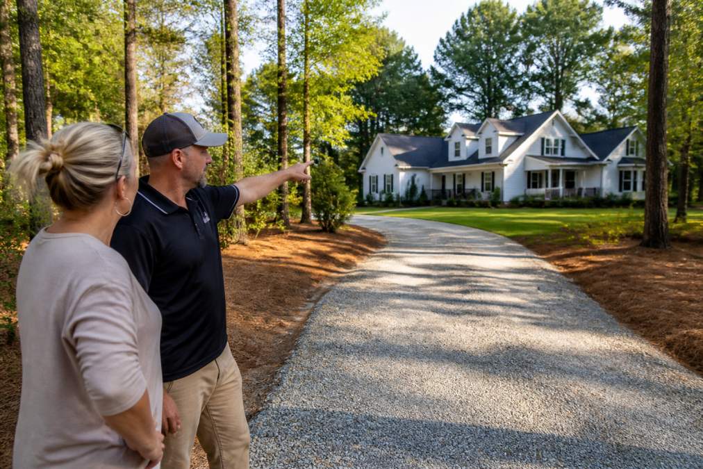 A residential driveway entrance with cleared brush and vegetation removed, revealing a clean sightline to the home with improved landscape visibility and curb appeal
