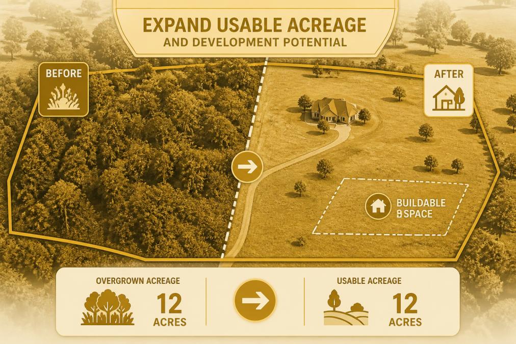 An aerial view of cleared property showing newly accessible open acreage with brush and dense overgrowth removed, revealing open pasture and buildable space ready for development