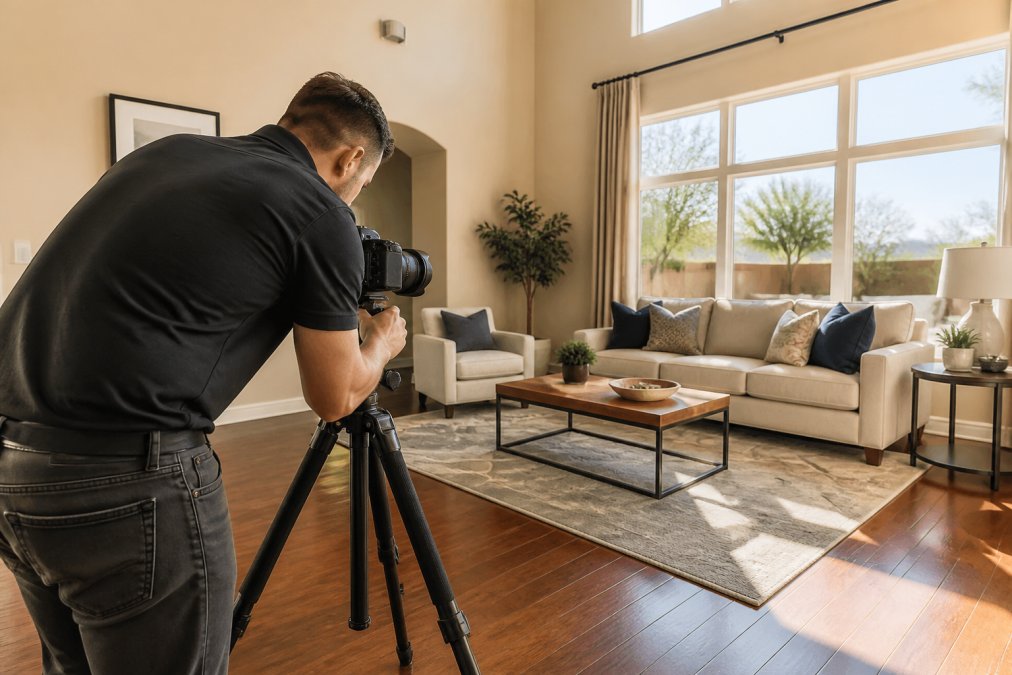 A professional real estate photographer adjusting a camera on a tripod in a bright, well-staged living room with large windows, warm afternoon sunlight streaming across hardwood floors, and a neatly arranged sofa and coffee table