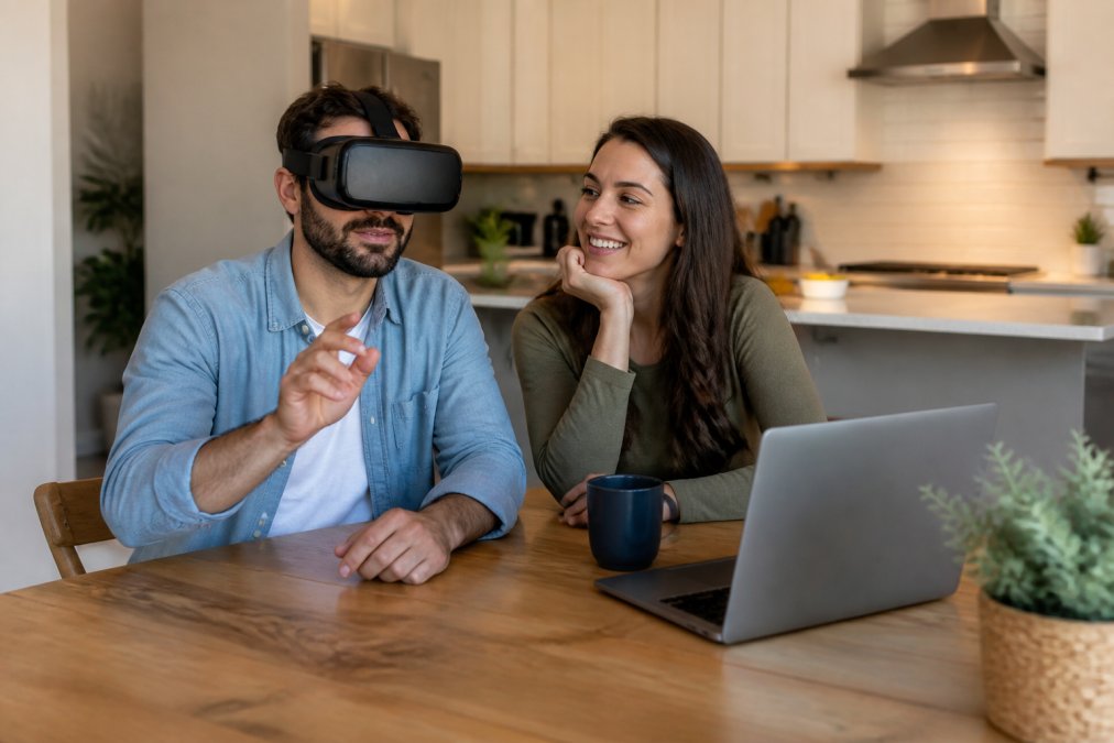 A couple seated at a kitchen table, one person wearing a VR headset and the other watching a virtual tour on an open laptop, both with engaged expressions, warm interior lighting and a well-staged kitchen visible in the background