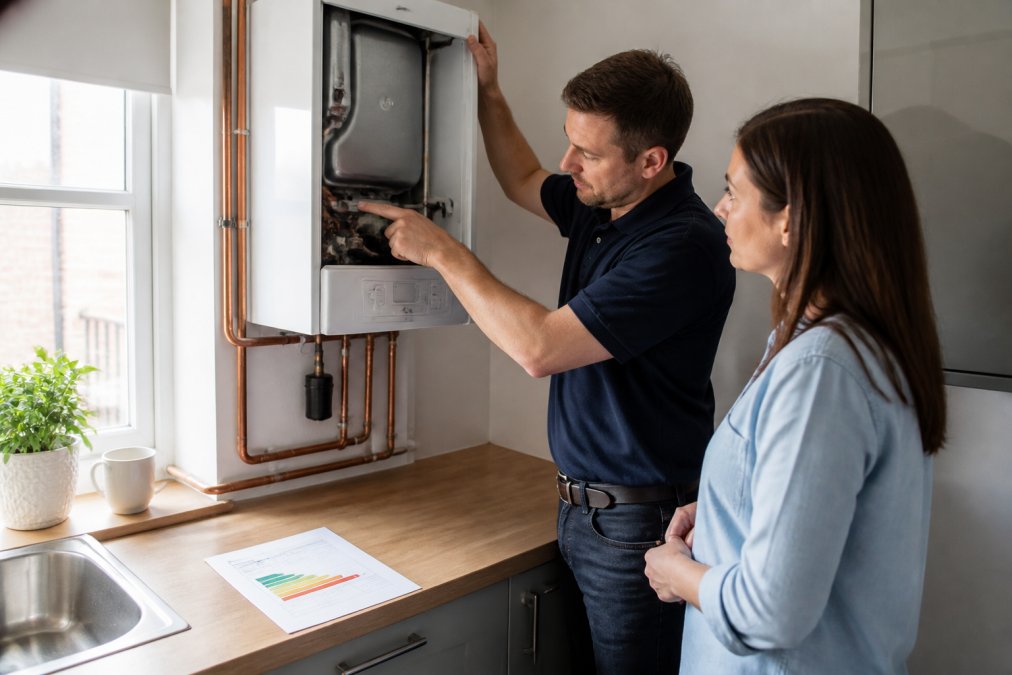 A landlord and a heating engineer inspecting a modern boiler installation in a bright, tidy UK rental kitchen, with an EPC certificate visible on the worktop