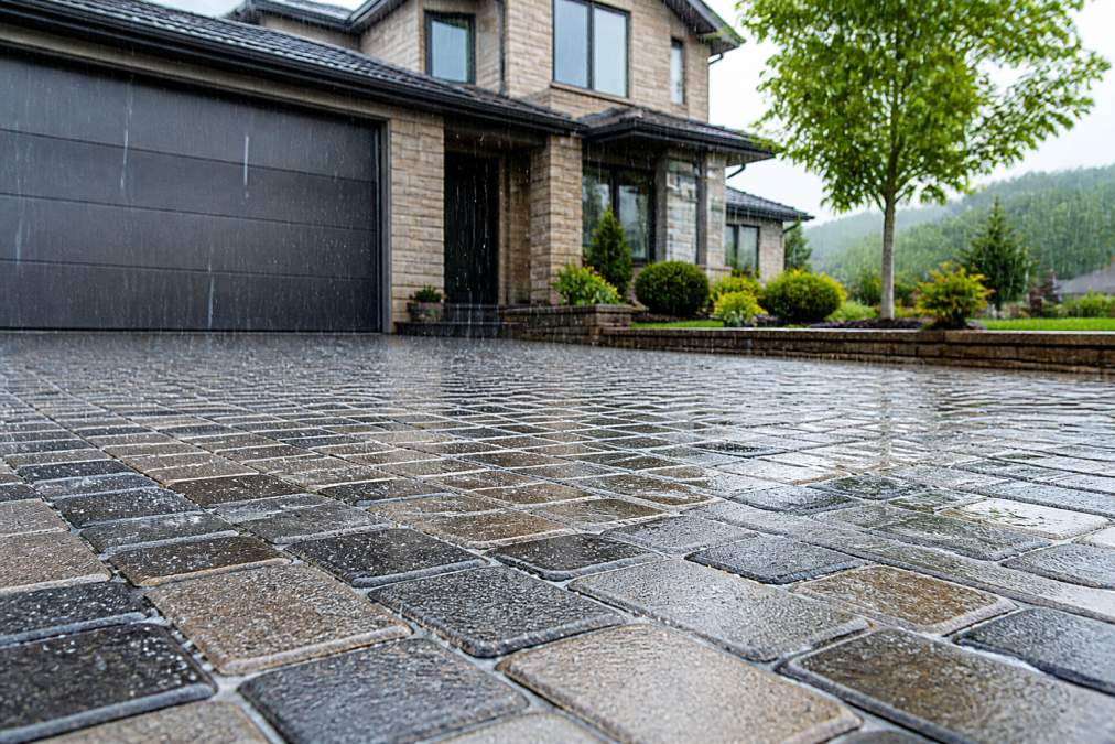 A residential driveway with permeable block paving, rain falling, water soaking between the blocks with no puddles forming, a modern house in the background