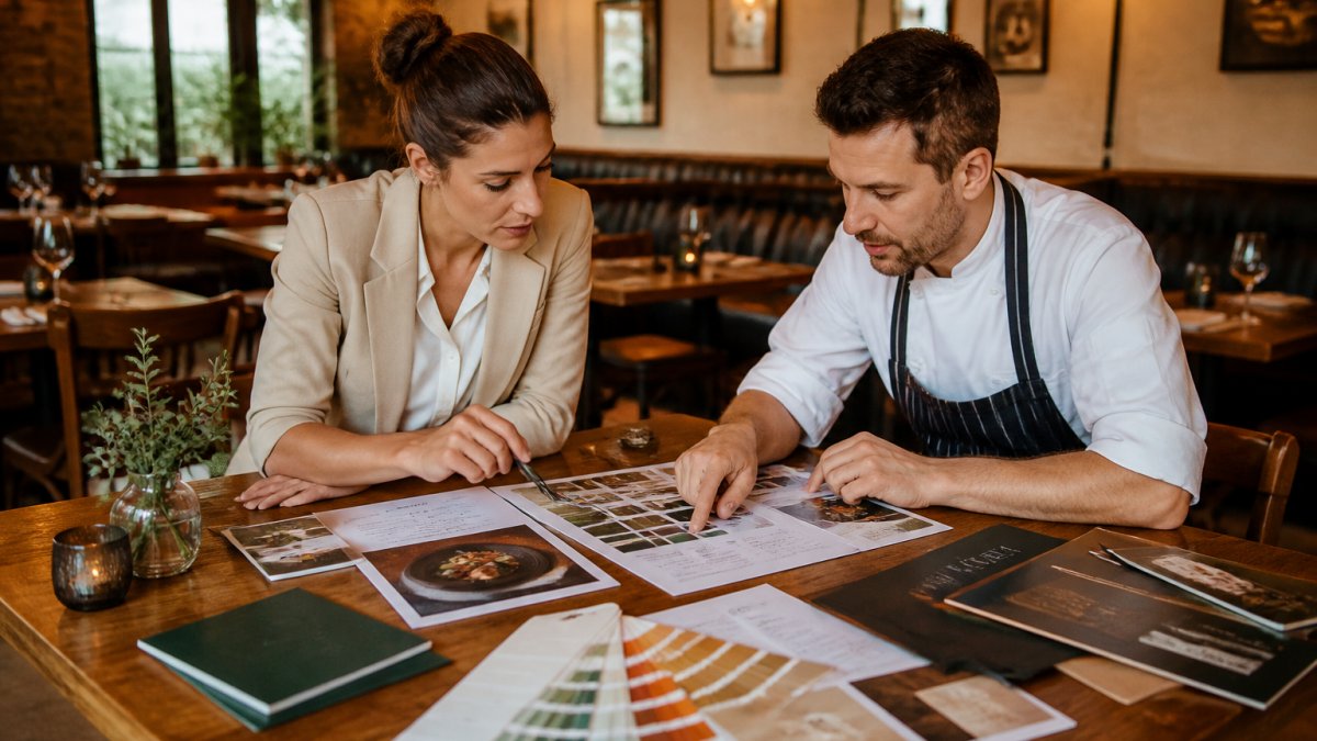 Process diagram showing the steps to review restaurant brand identity materials like menus and signage.
