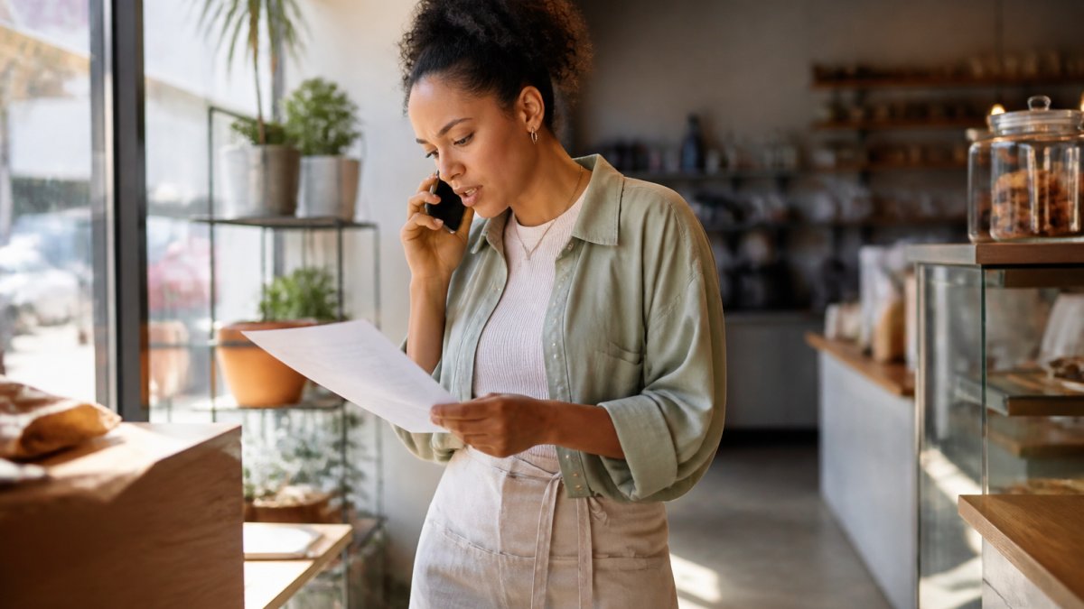 A small business owner at a tidy desk comparing a bank statement printout with numbers on a laptop screen, calculator and coffee mug nearby, natural window light